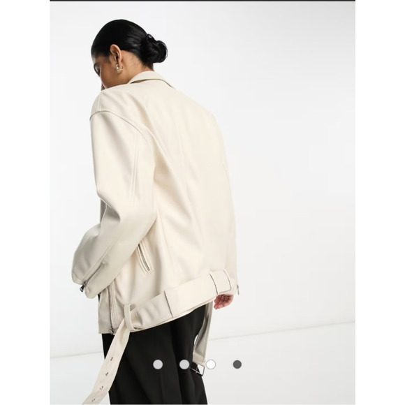 ASOS DESIGN longline oversized faux leather biker jacket in ecru Size 14 - Picture 3 of 15